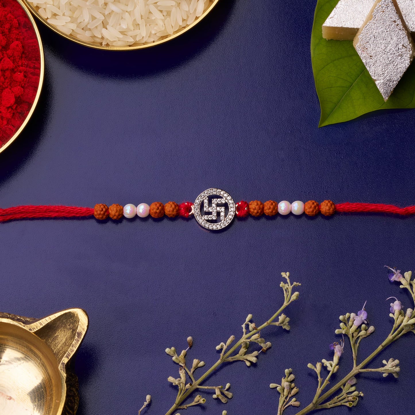 925 Silver Sathiya Diamond Rakhi with Rudraksh
