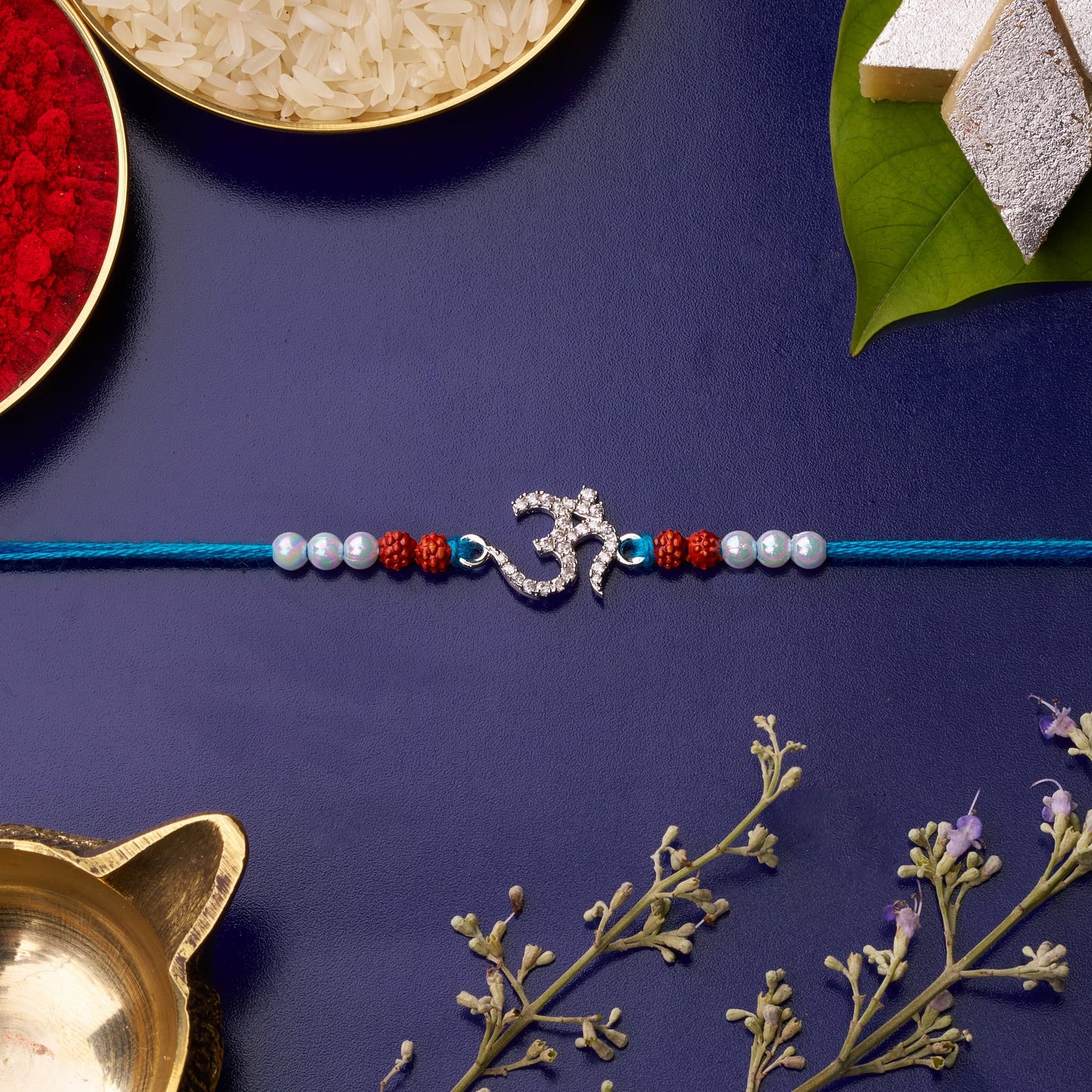 925 Silver Om Diamond Rakhi with Rudraksh