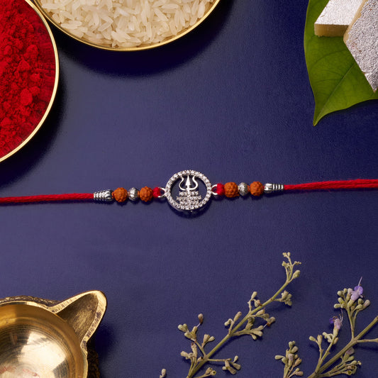 925 Silver Trishul Mahadev Diamond Rakhi with Rudraksh