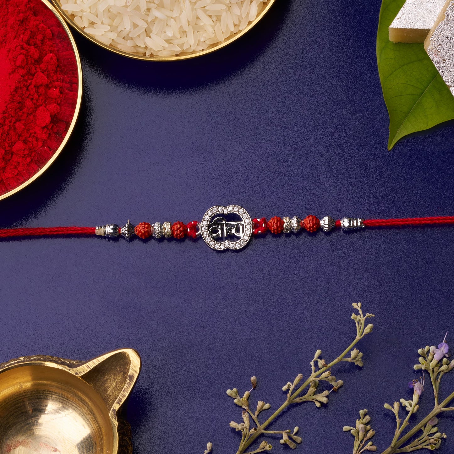 925 Silver Brother Diamond Rakhi with Rudraksh