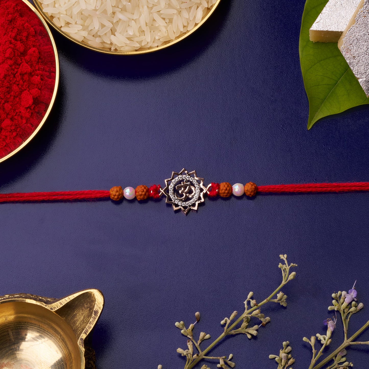 925 Silver Om Rose Gold color Rakhi with Rudraksh