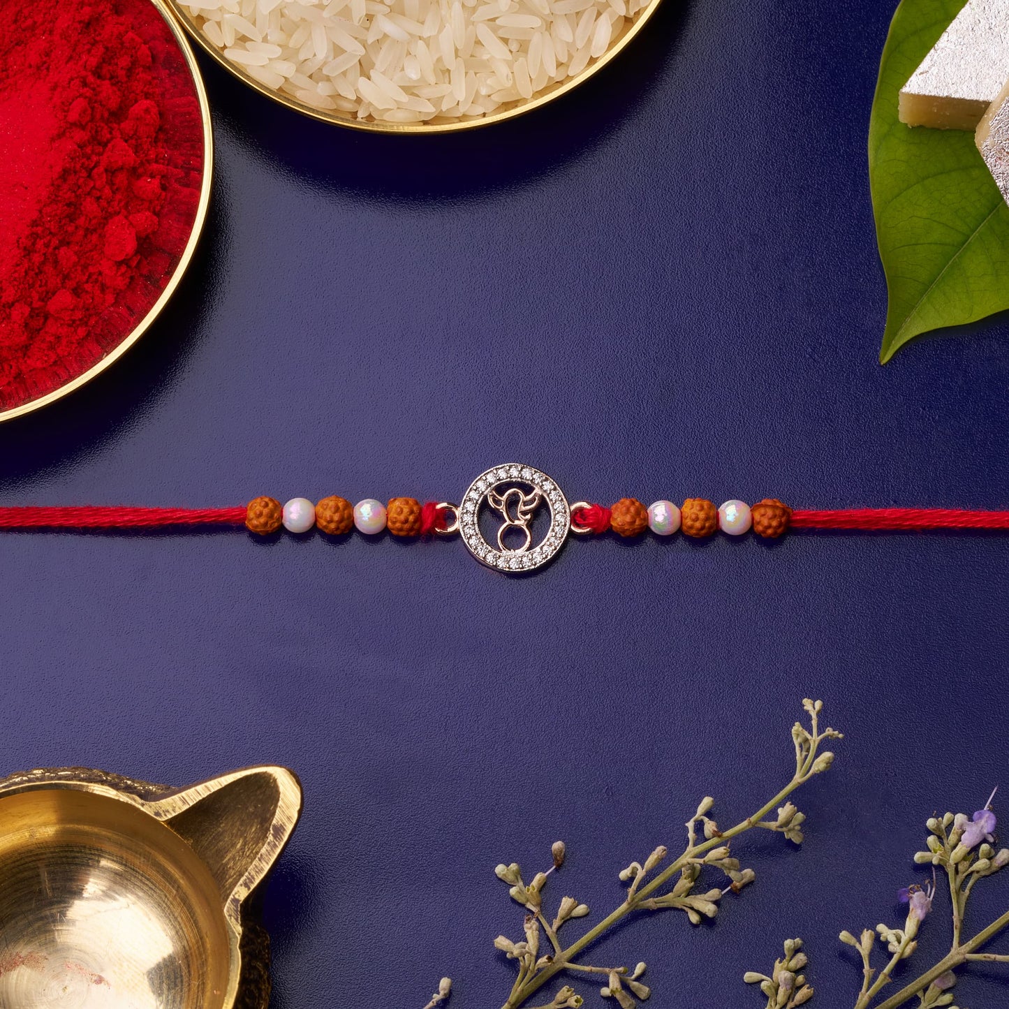 925 Silver Ganeshji Diamond Rakhi with Rudraksh