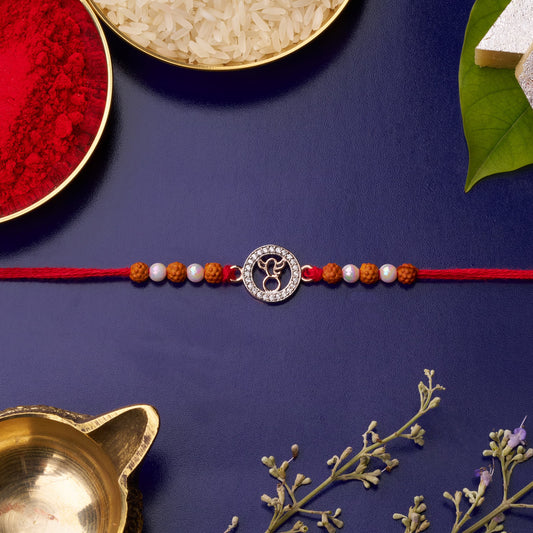 925 Silver Ganeshji Diamond Rakhi with Rudraksh