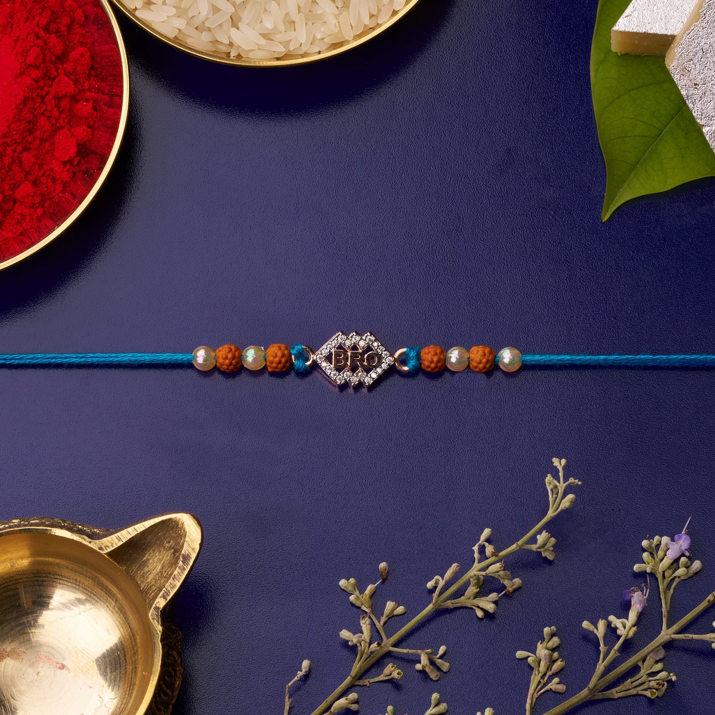 925 Silver Bro Diamond Rakhi with Rudraksh