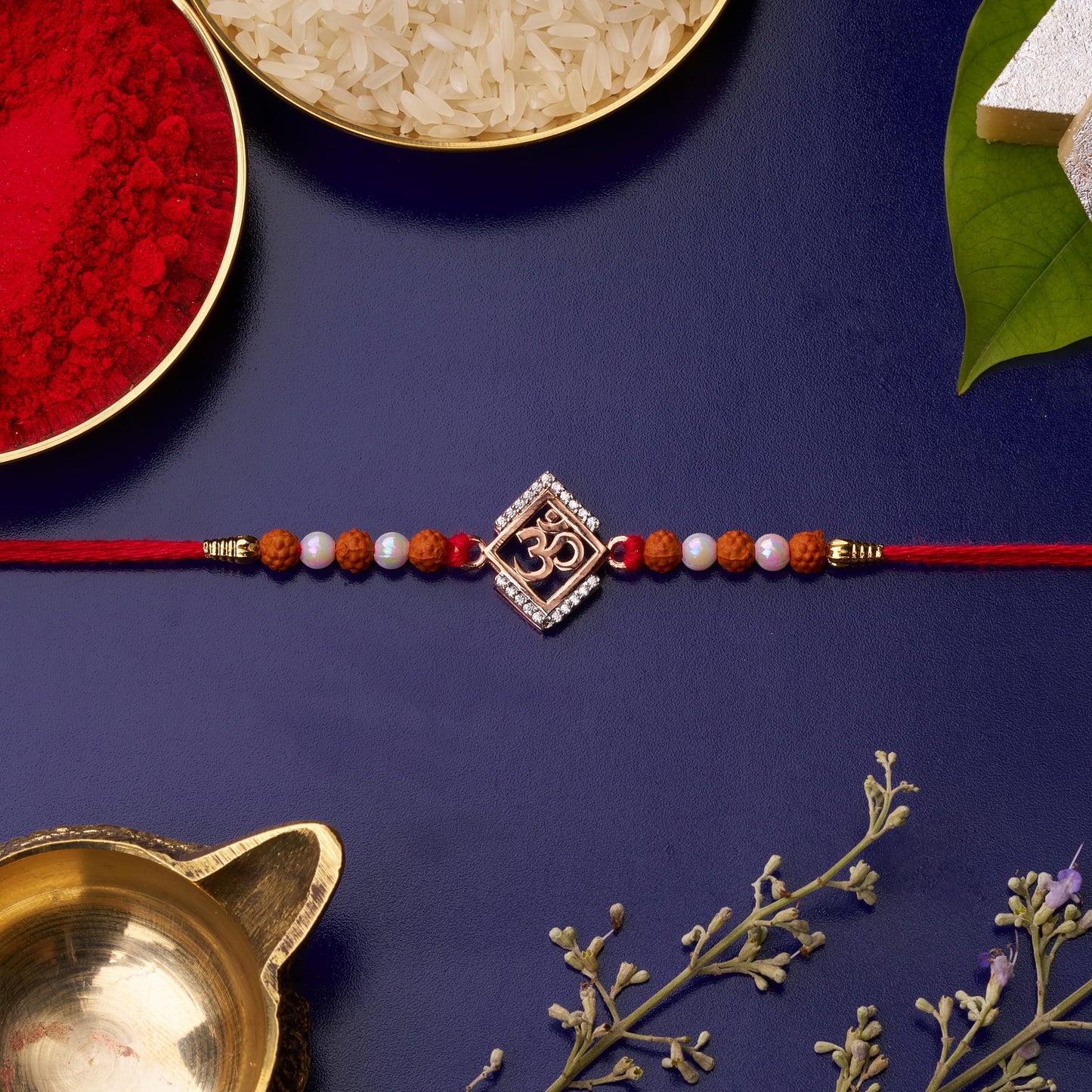 925 Silver Om Diamond Rakhi with Rudraksh