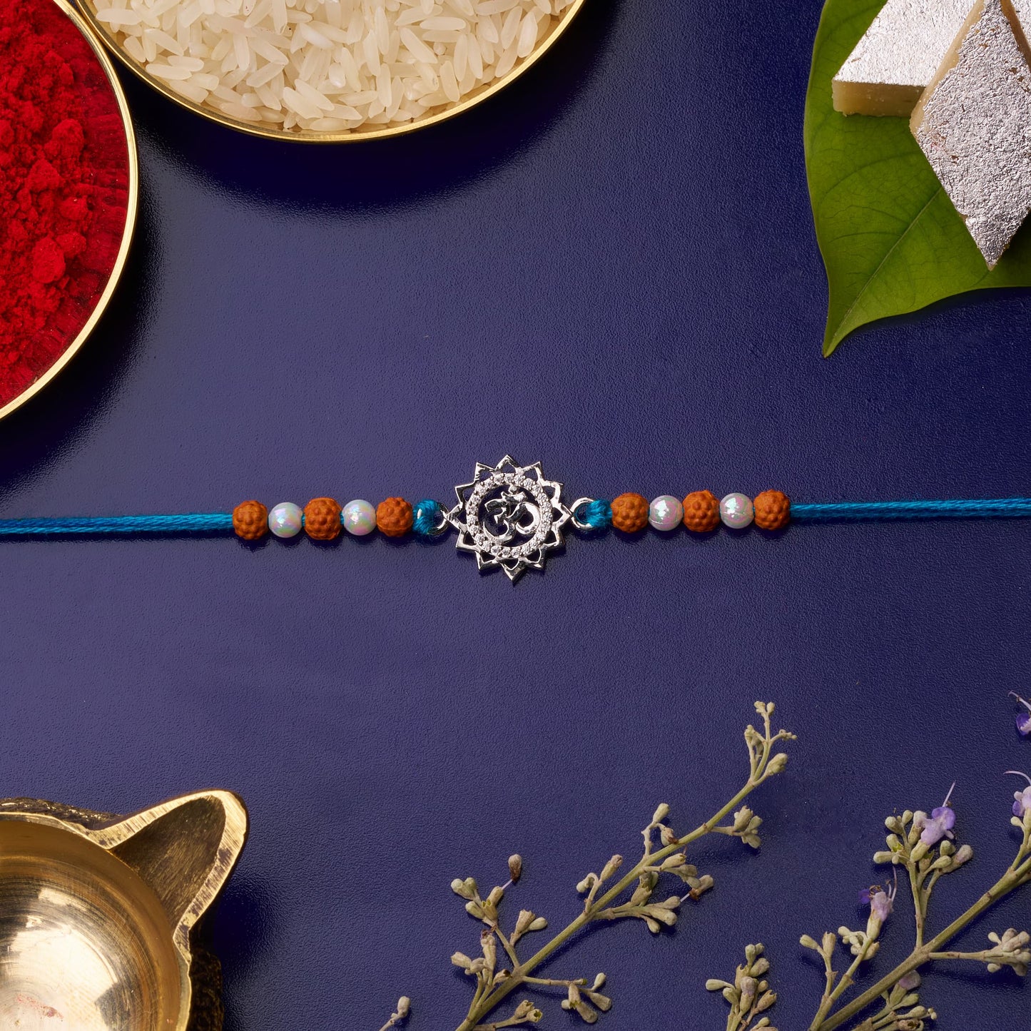 925 Silver Om Diamond Rakhi with Rudraksh