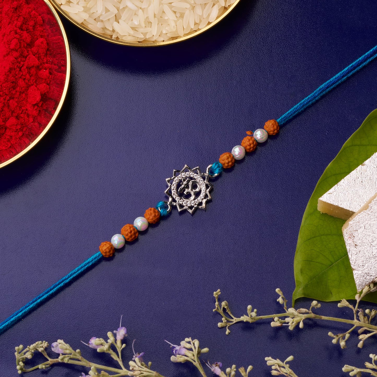 925 Silver Om Diamond Rakhi with Rudraksh