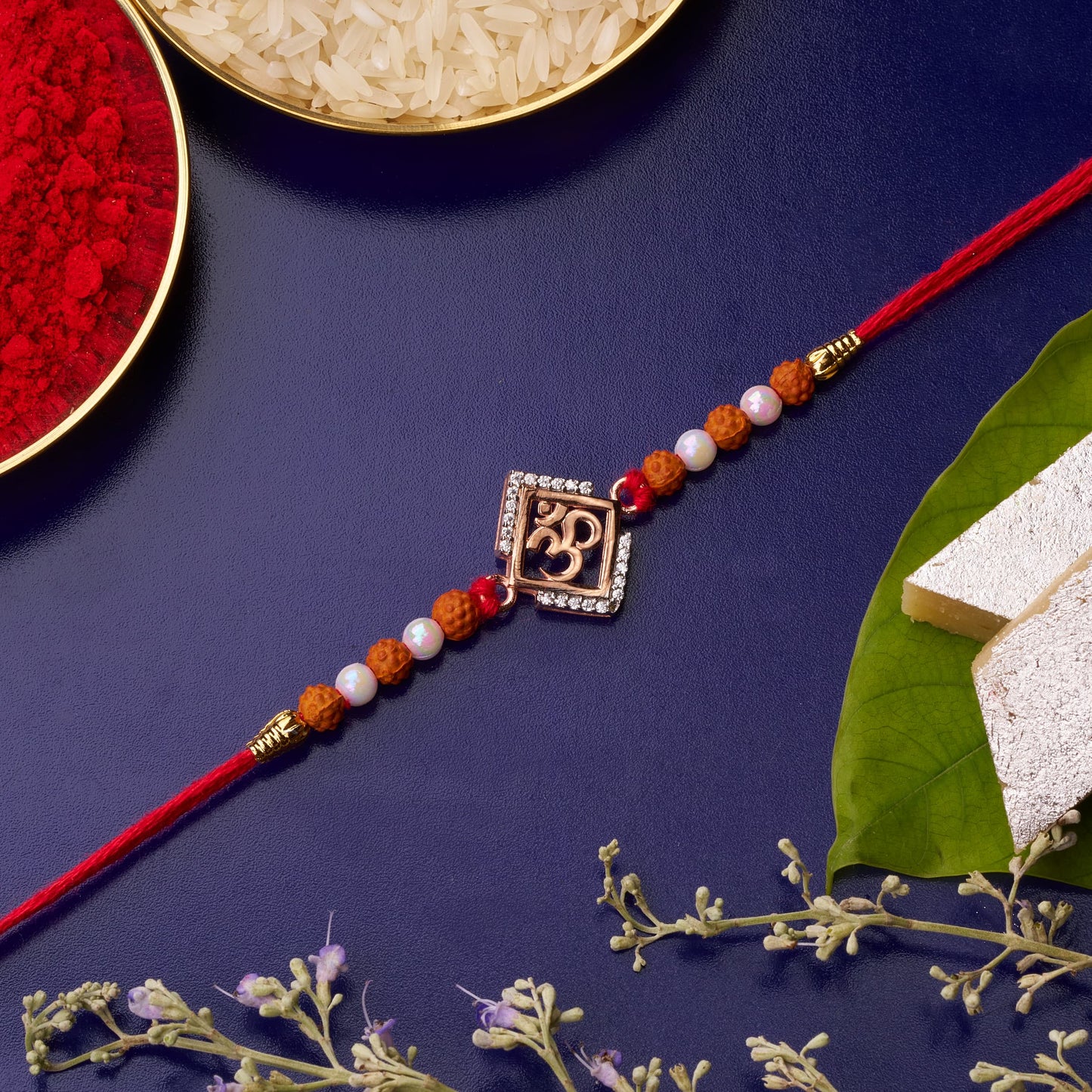 925 Silver Om Diamond Rakhi with Rudraksh