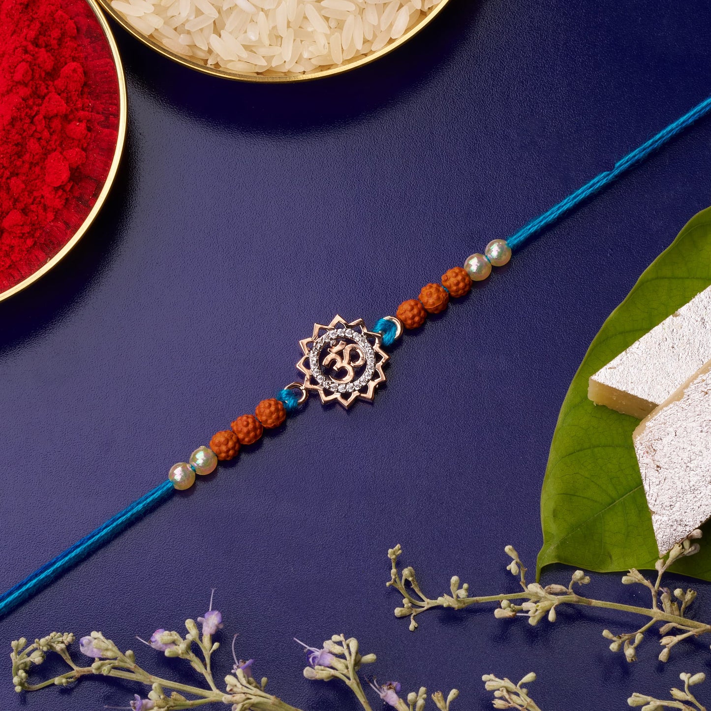 925 Silver Om Rose gold Diamond Rakhi with Rudraksh