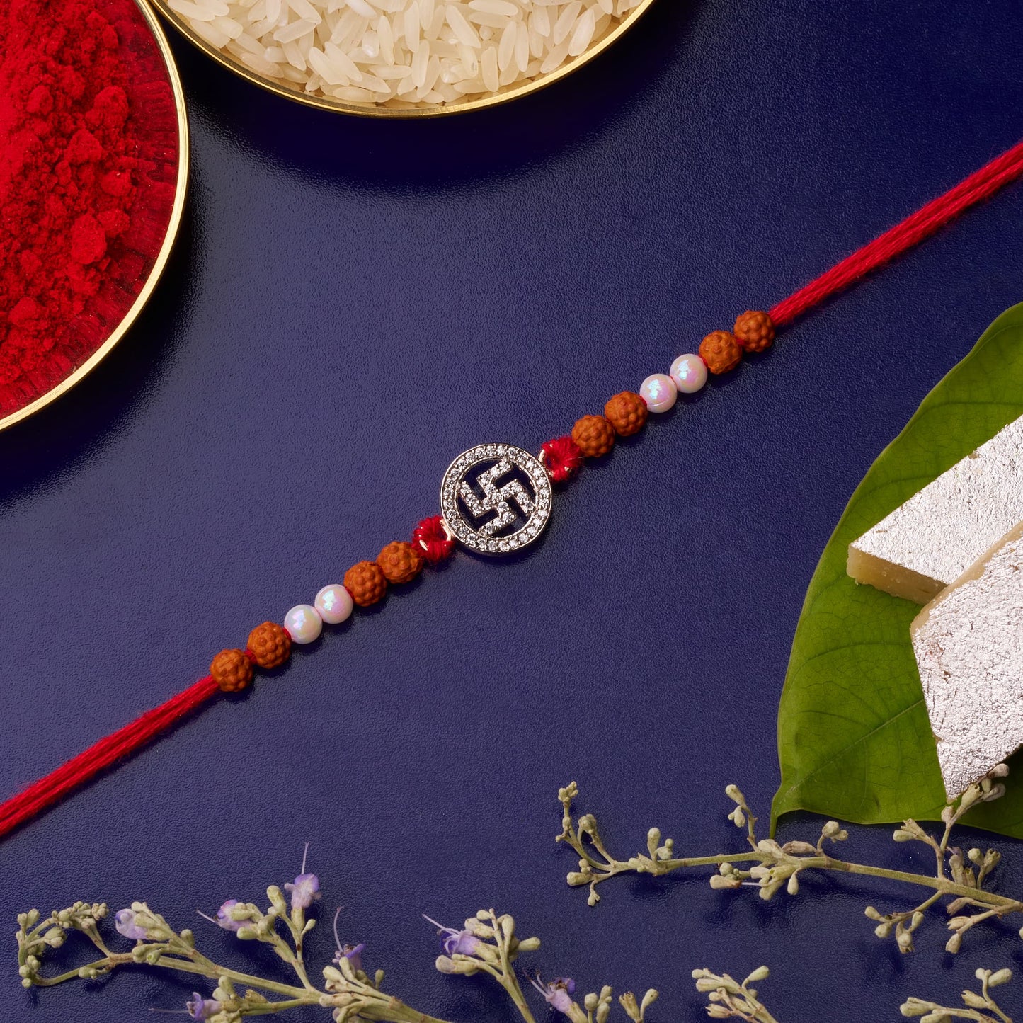 925 Silver Sathiya Diamond Rakhi with Rudraksh