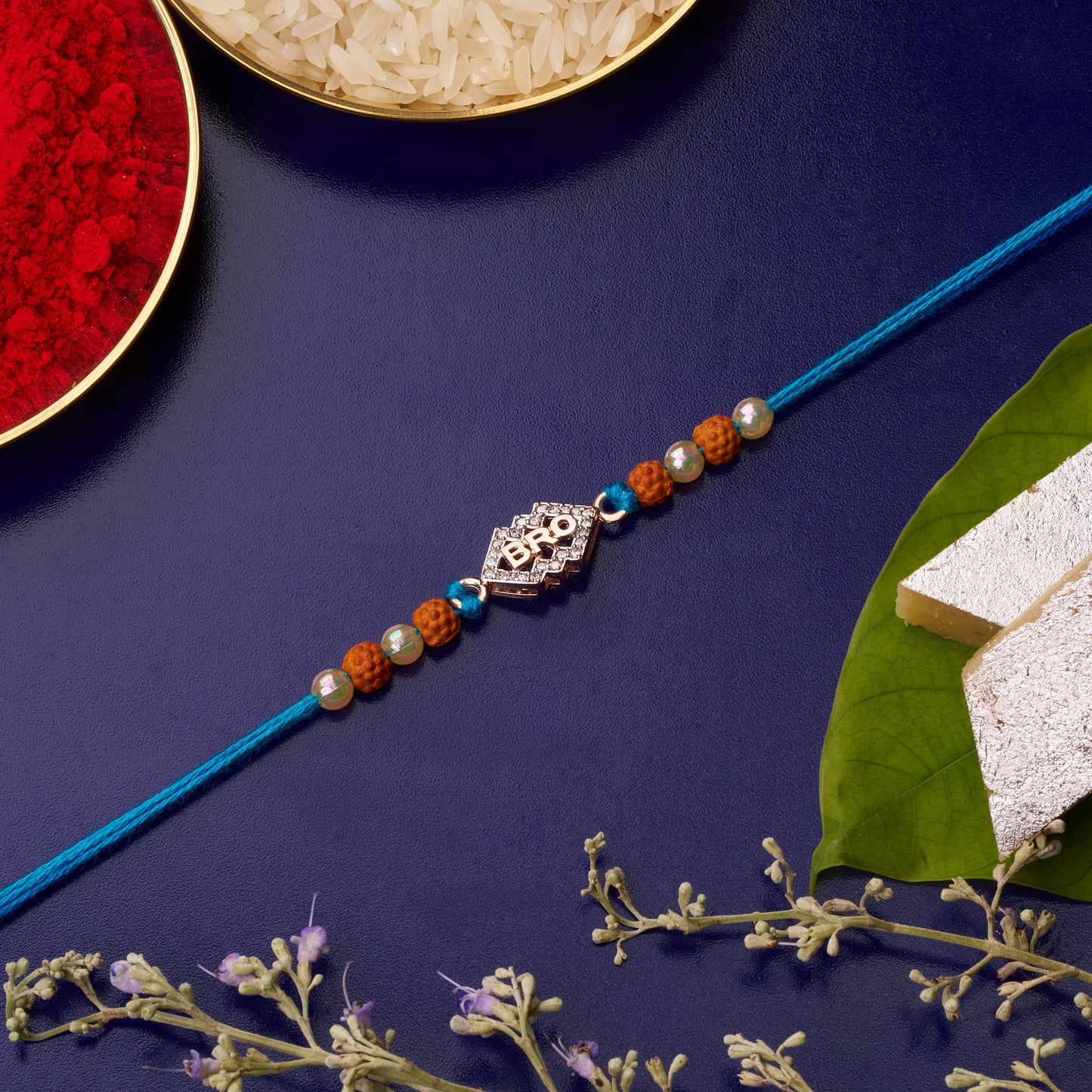925 Silver Bro Diamond Rakhi with Rudraksh