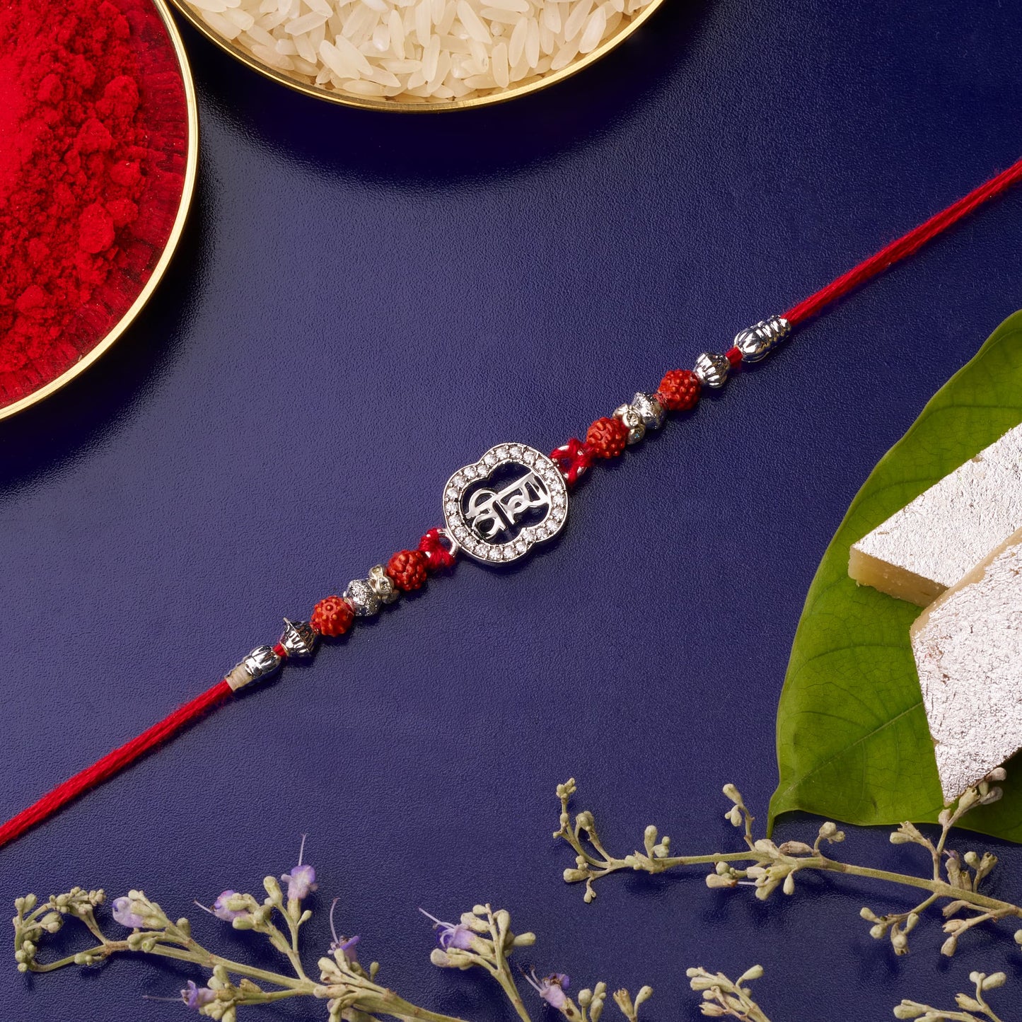 925 Silver Brother Diamond Rakhi with Rudraksh