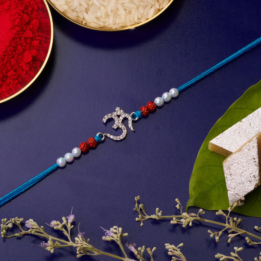 925 Silver Om Diamond Rakhi with Rudraksh
