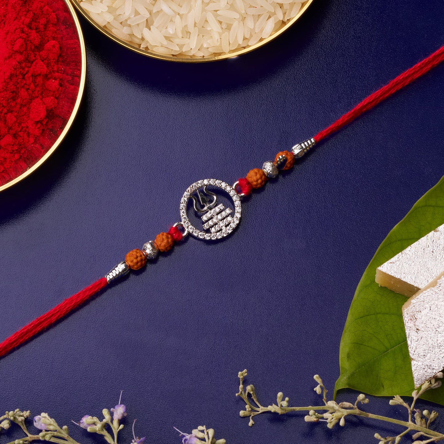 925 Silver Trishul Mahadev Diamond Rakhi with Rudraksh