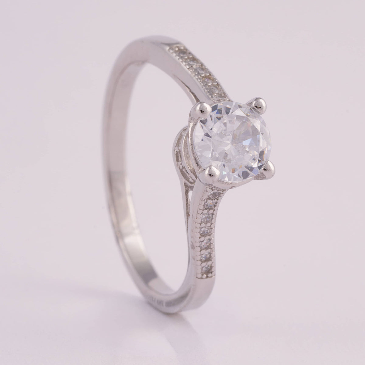 Silver Solitaire Engagement Ring with Pave Accents