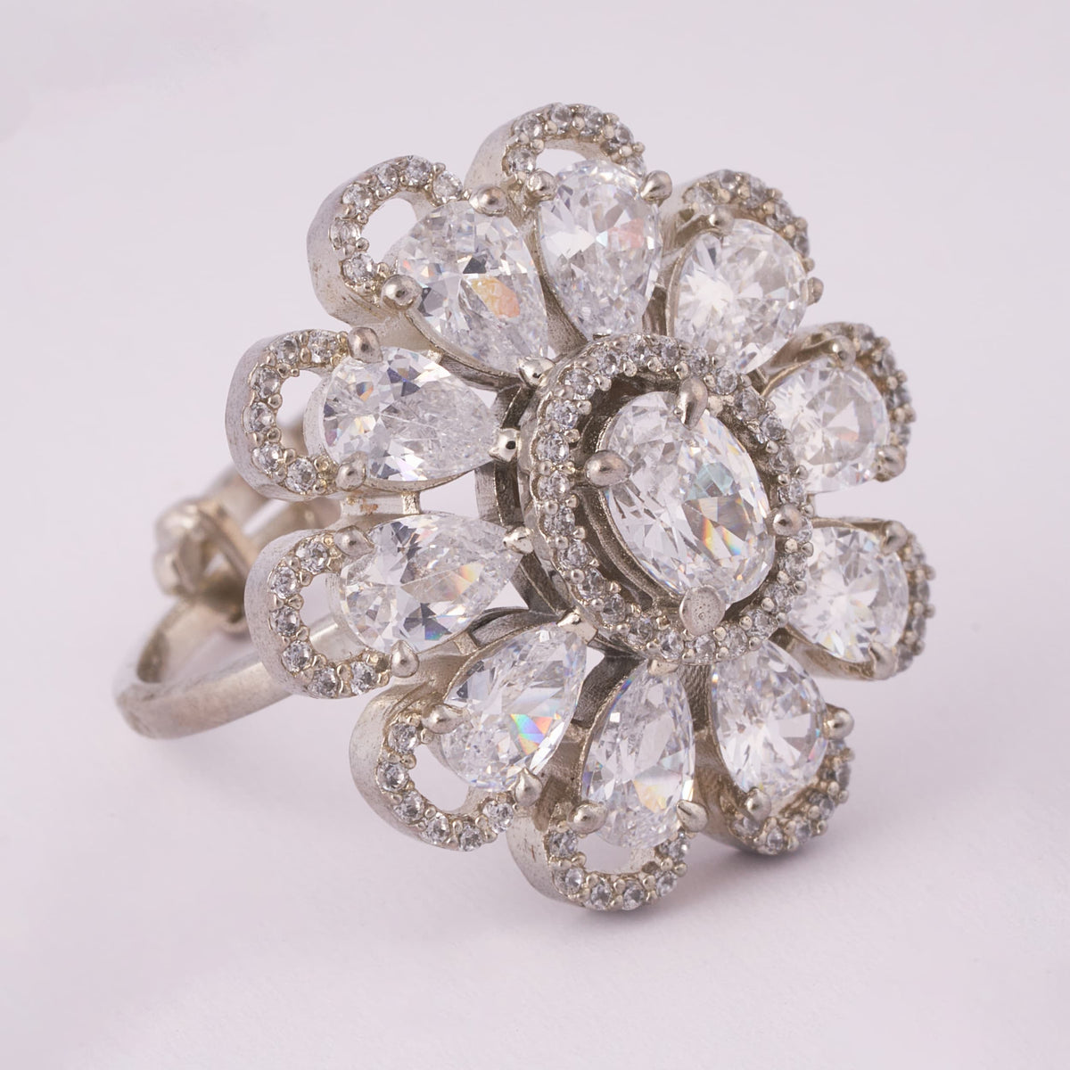 Silver Flower Cluster Ring with Teardrop Stones