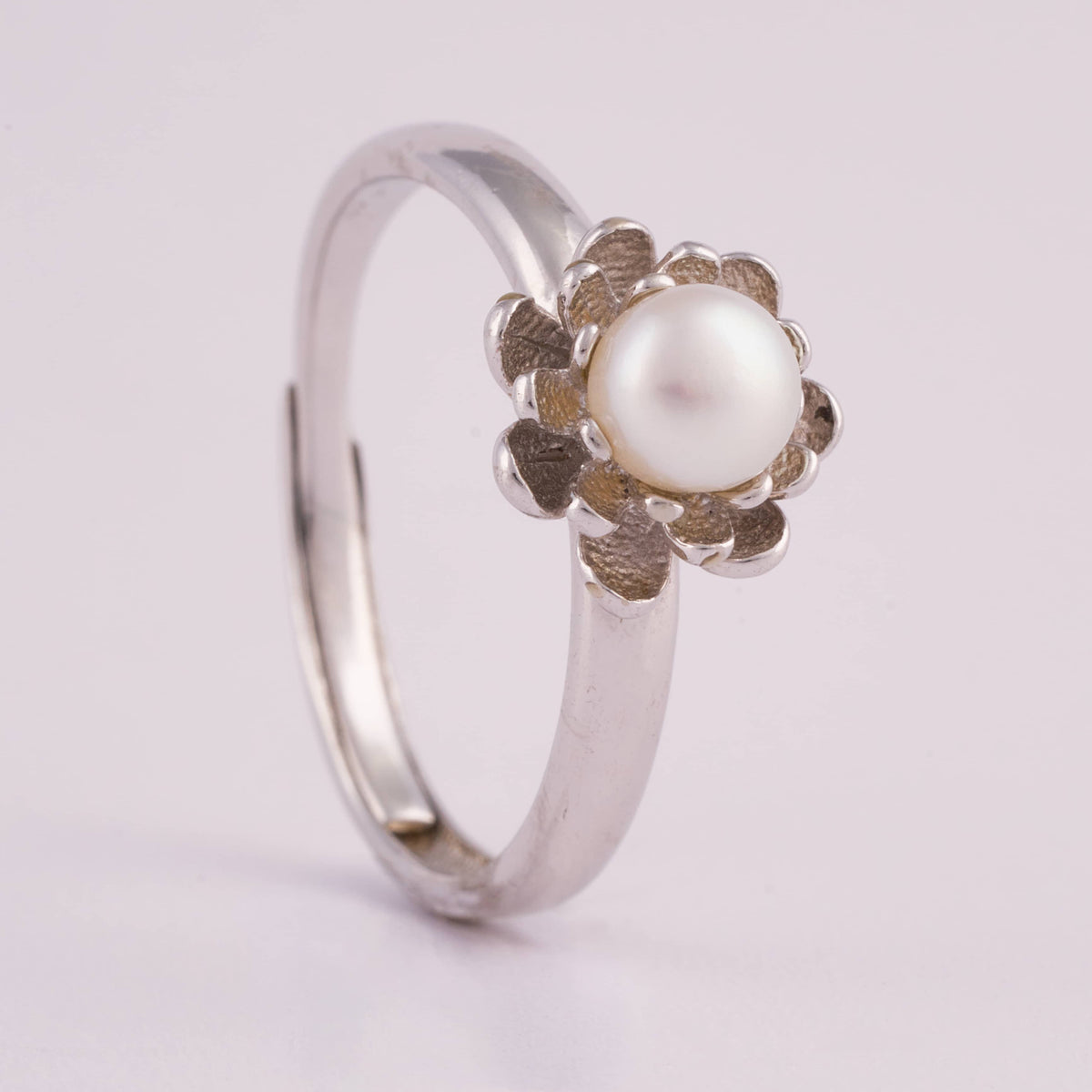 Silver Floral Ring with Freshwater Pearl Center