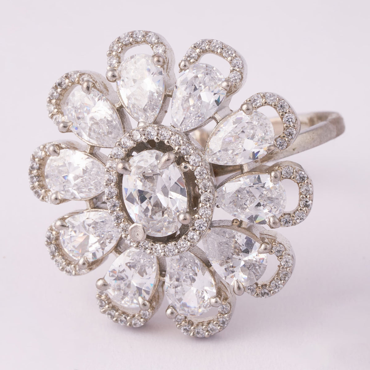 Silver Flower Cluster Ring with Teardrop Stones