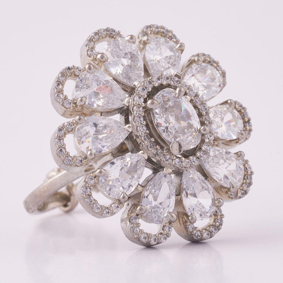 Silver Flower Cluster Ring with Teardrop Stones