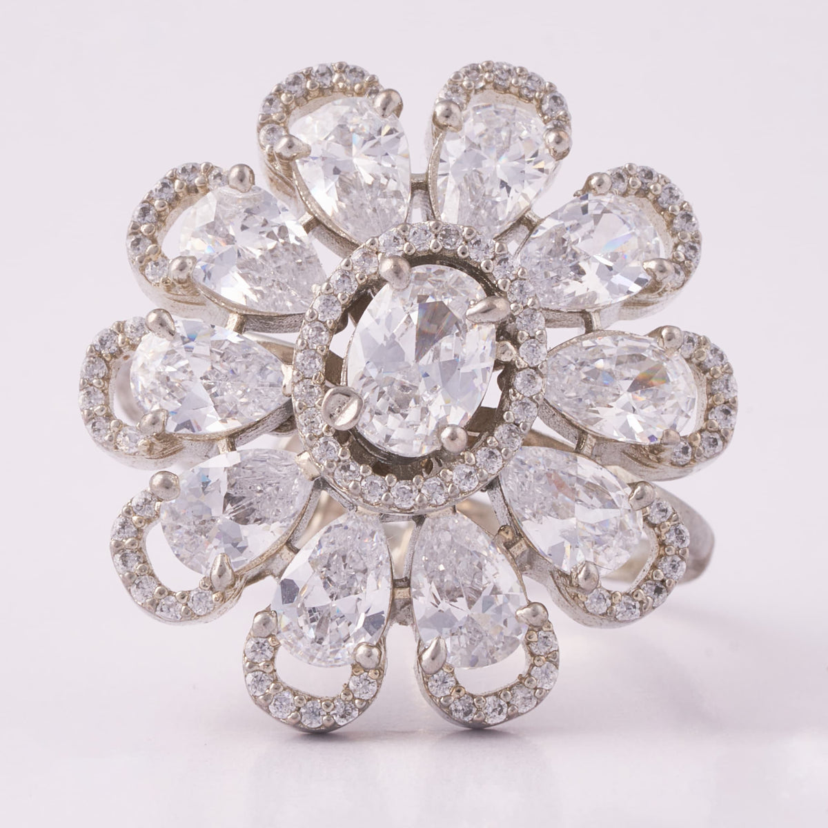 Silver Flower Cluster Ring with Teardrop Stones