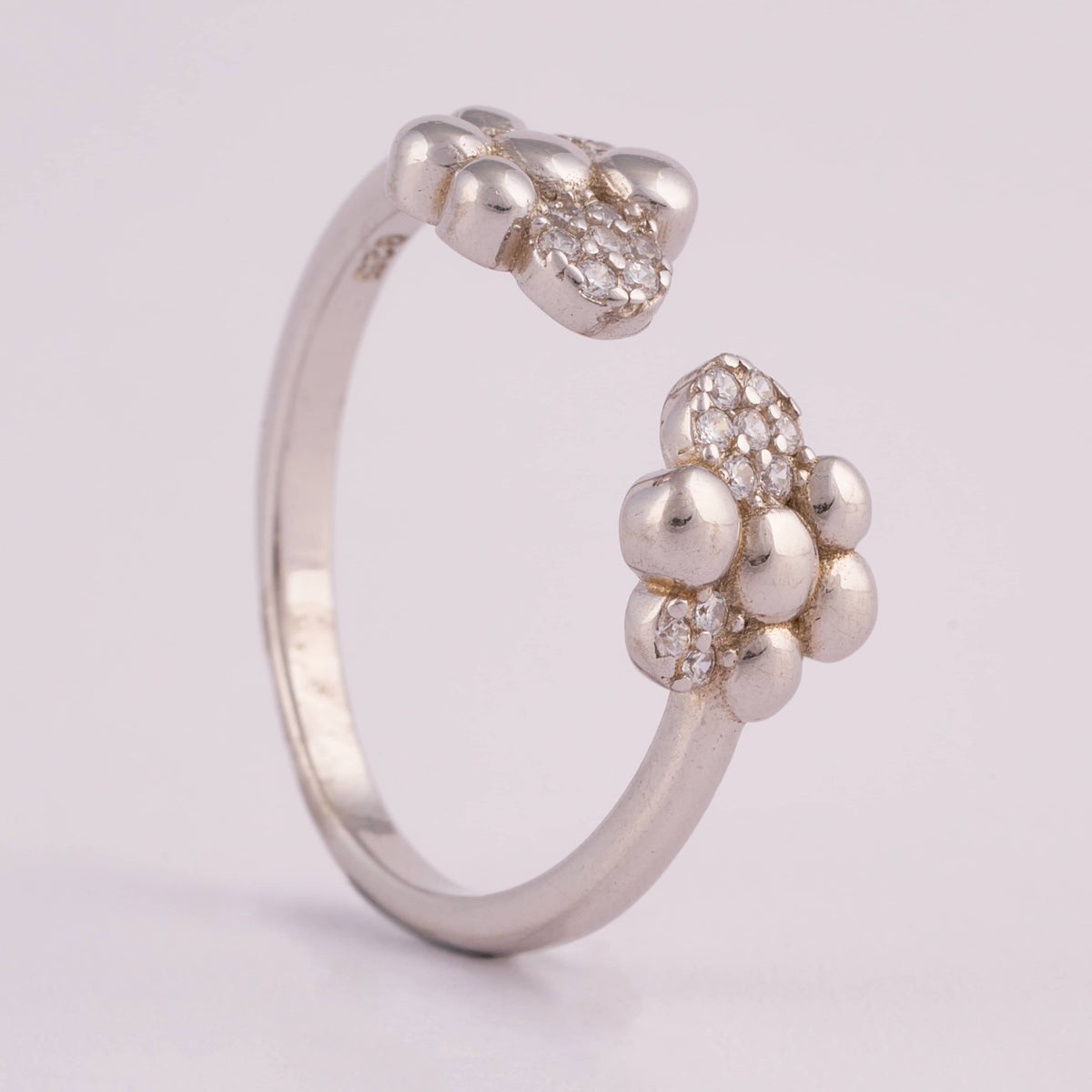 Open Silver Ring with Dual Pave Cluster Ends