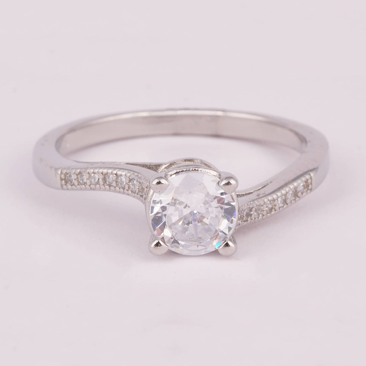 Silver Solitaire Engagement Ring with Pave Accents
