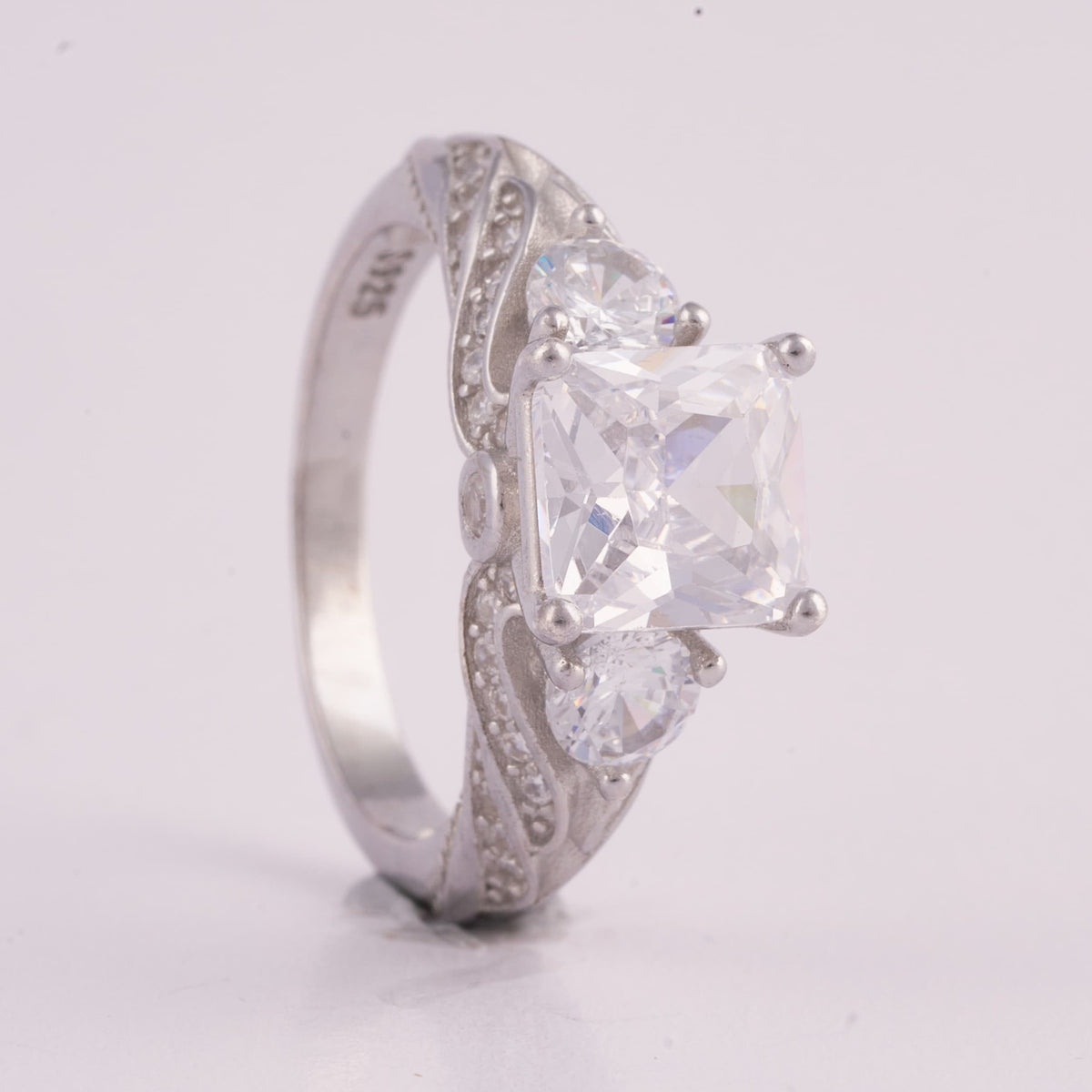 Three-Stone Silver Ring with Square Center Stone
