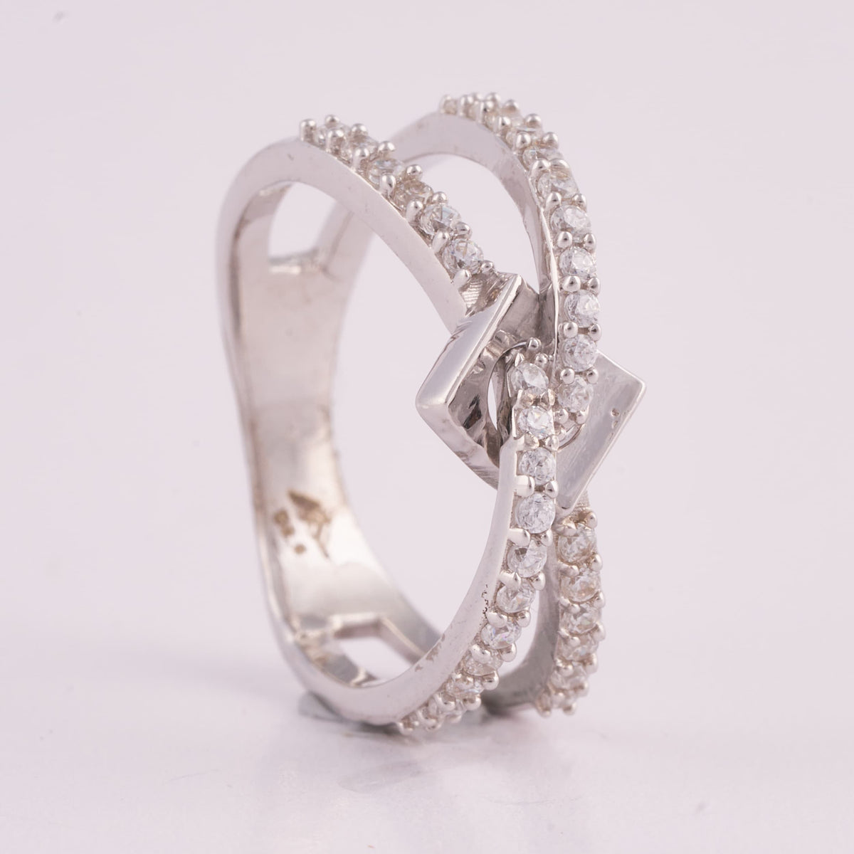 Silver Crossover Ring with Dual Pave Bands