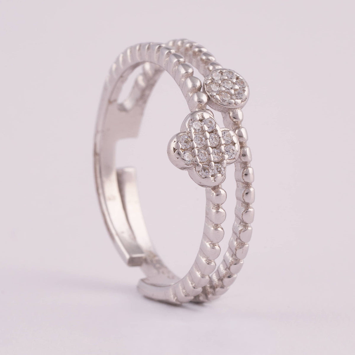 Double Band Silver Ring with Pave Flower Motifs