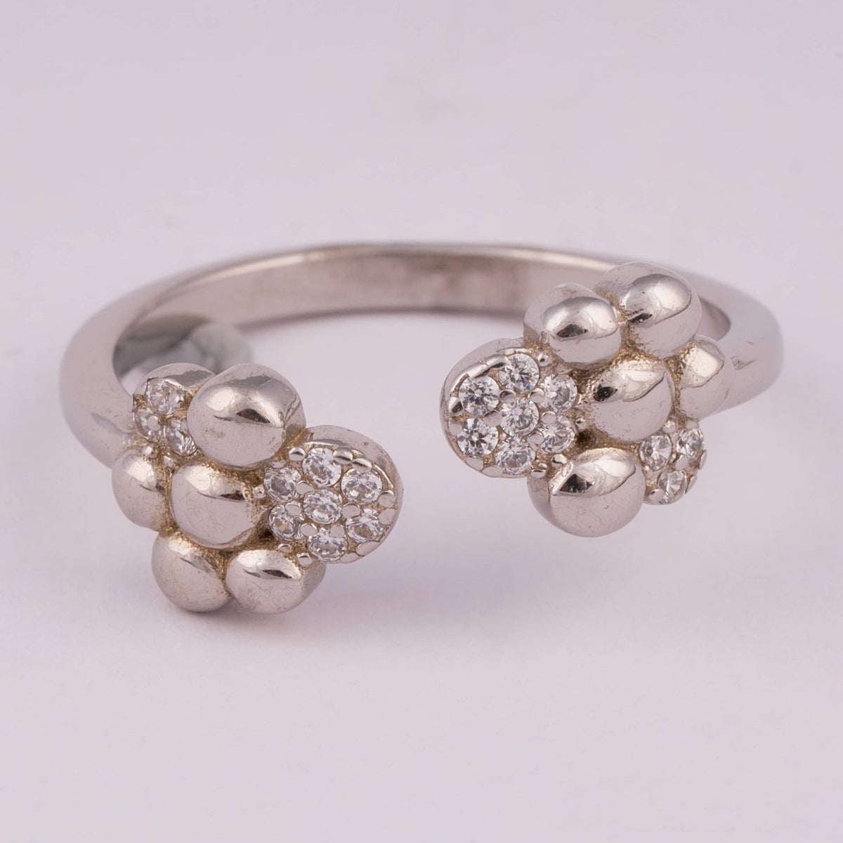 Open Silver Ring with Dual Pave Cluster Ends