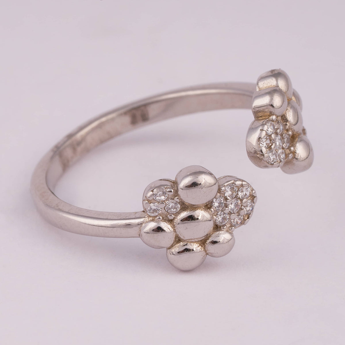 Open Silver Ring with Dual Pave Cluster Ends