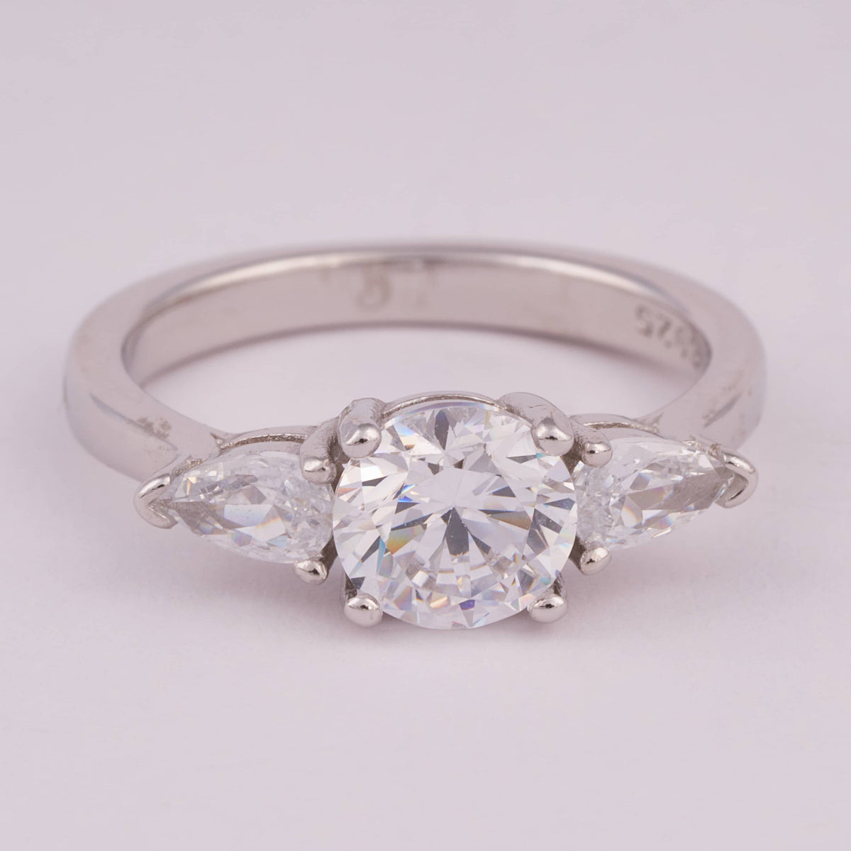 Three-Stone Silver Ring with Round and Marquise Stones