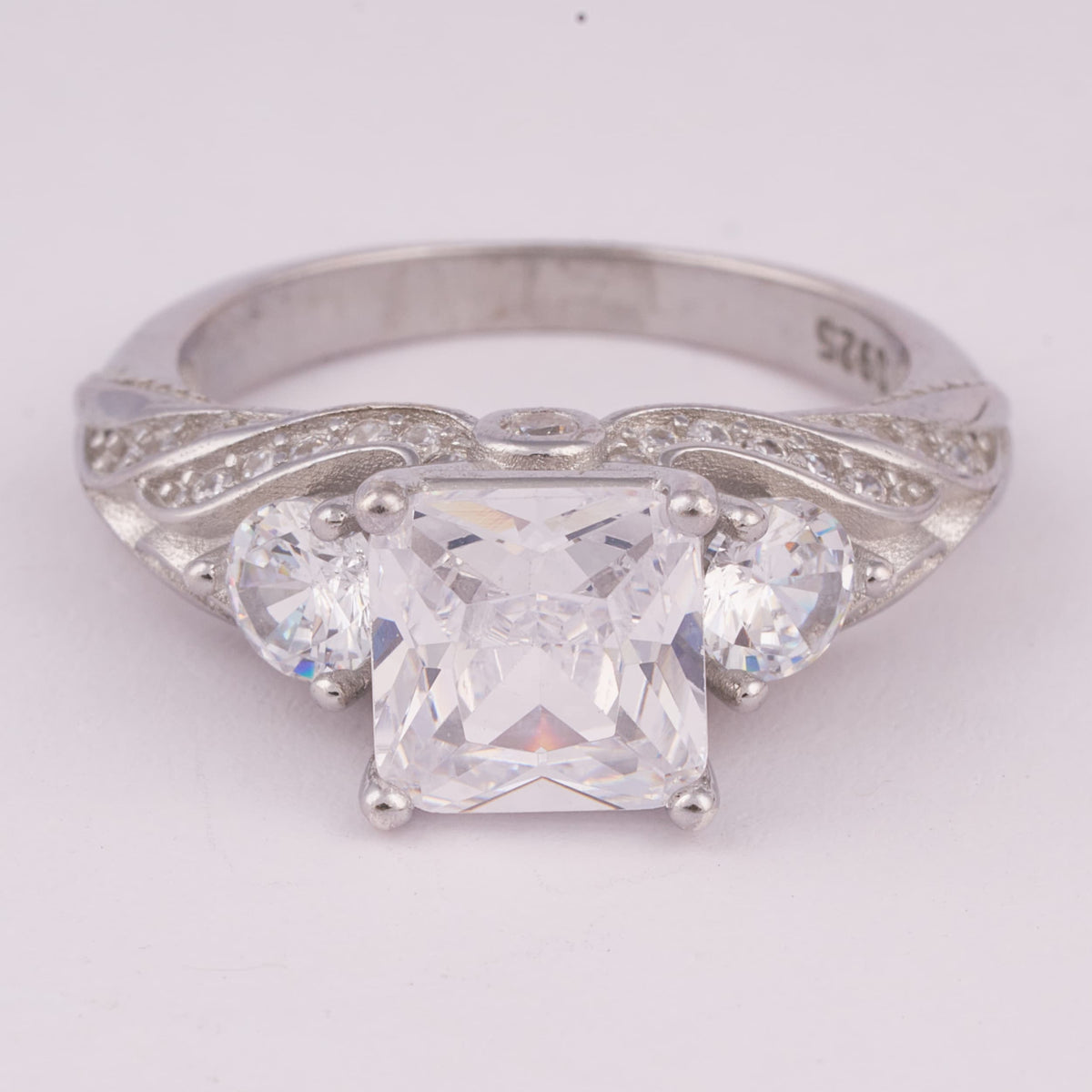Three-Stone Silver Ring with Square Center Stone
