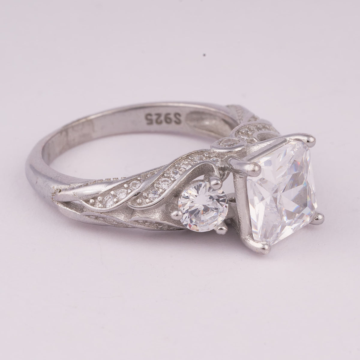 Three-Stone Silver Ring with Square Center Stone