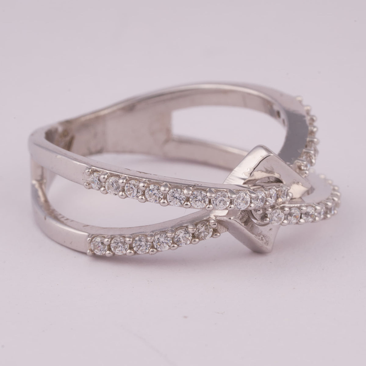 Silver Crossover Ring with Dual Pave Bands