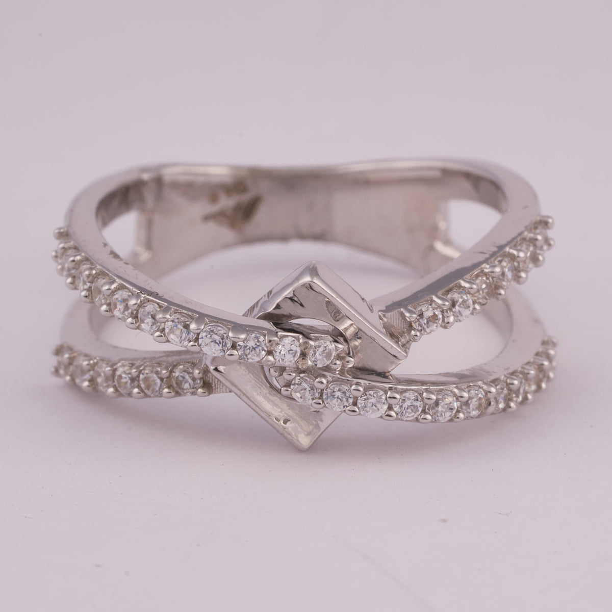 Silver Crossover Ring with Dual Pave Bands