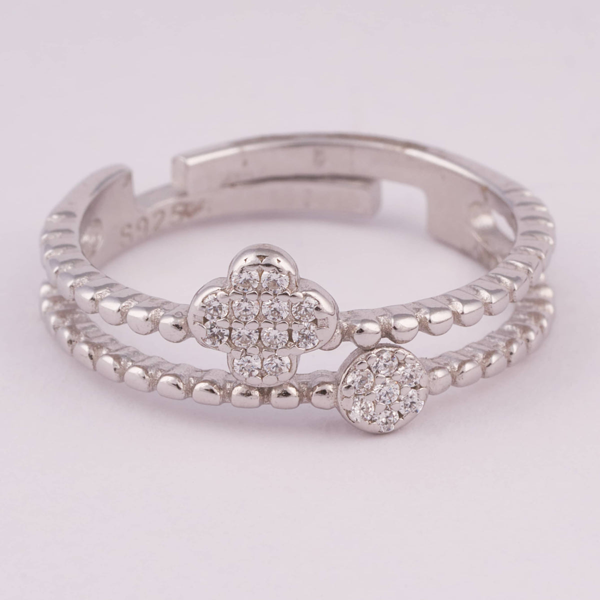 Double Band Silver Ring with Pave Flower Motifs