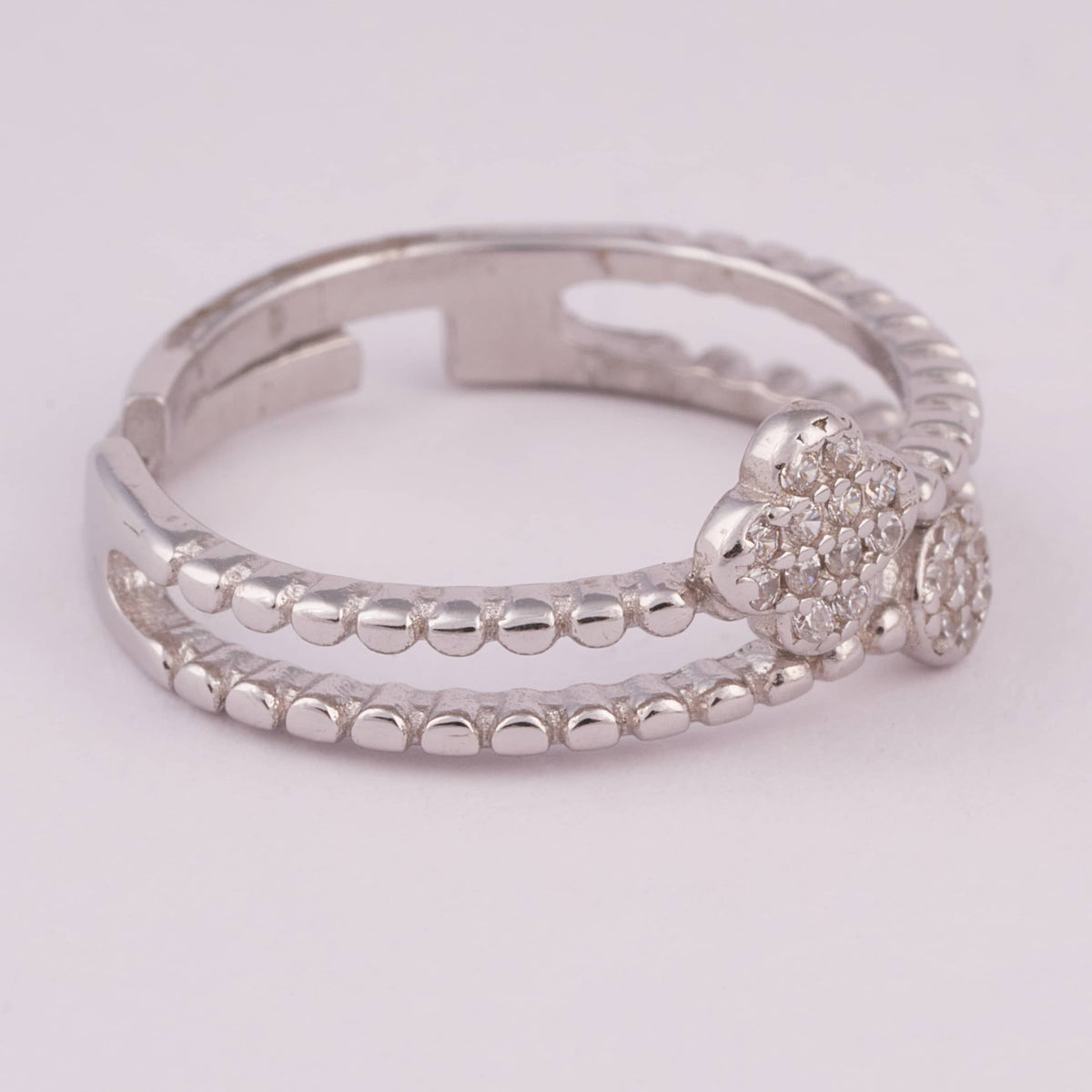 Double Band Silver Ring with Pave Flower Motifs