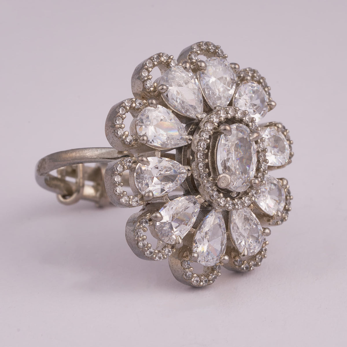 Silver Flower Cluster Ring with Teardrop Stones