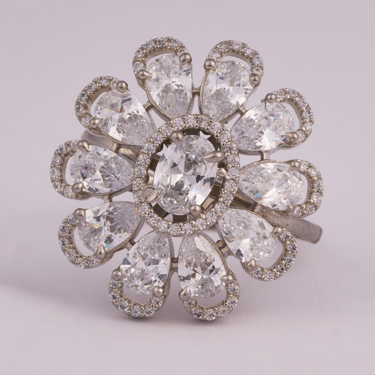 Silver Flower Cluster Ring with Teardrop Stones