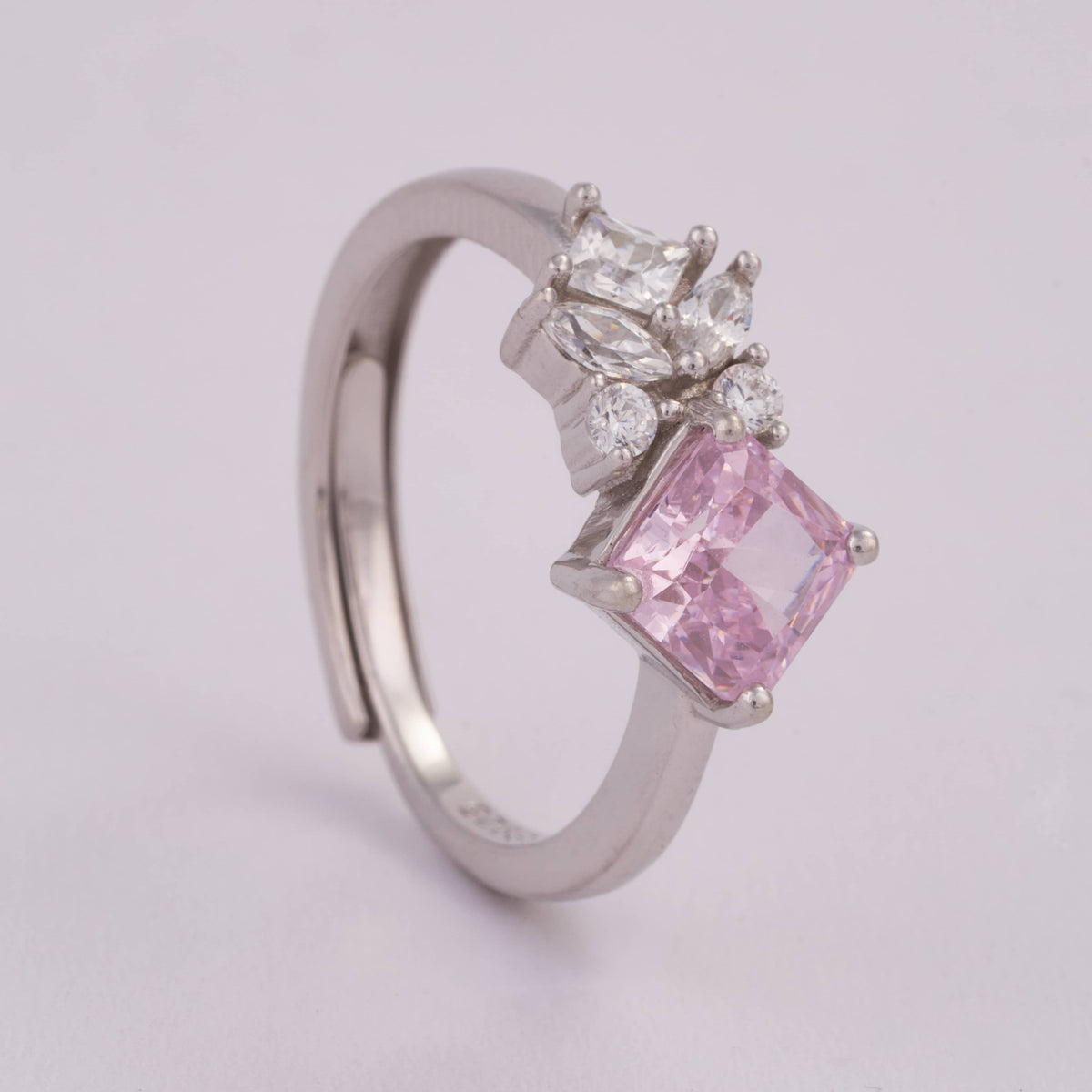 Pink Stone Adjustable Silver Ring for Girls