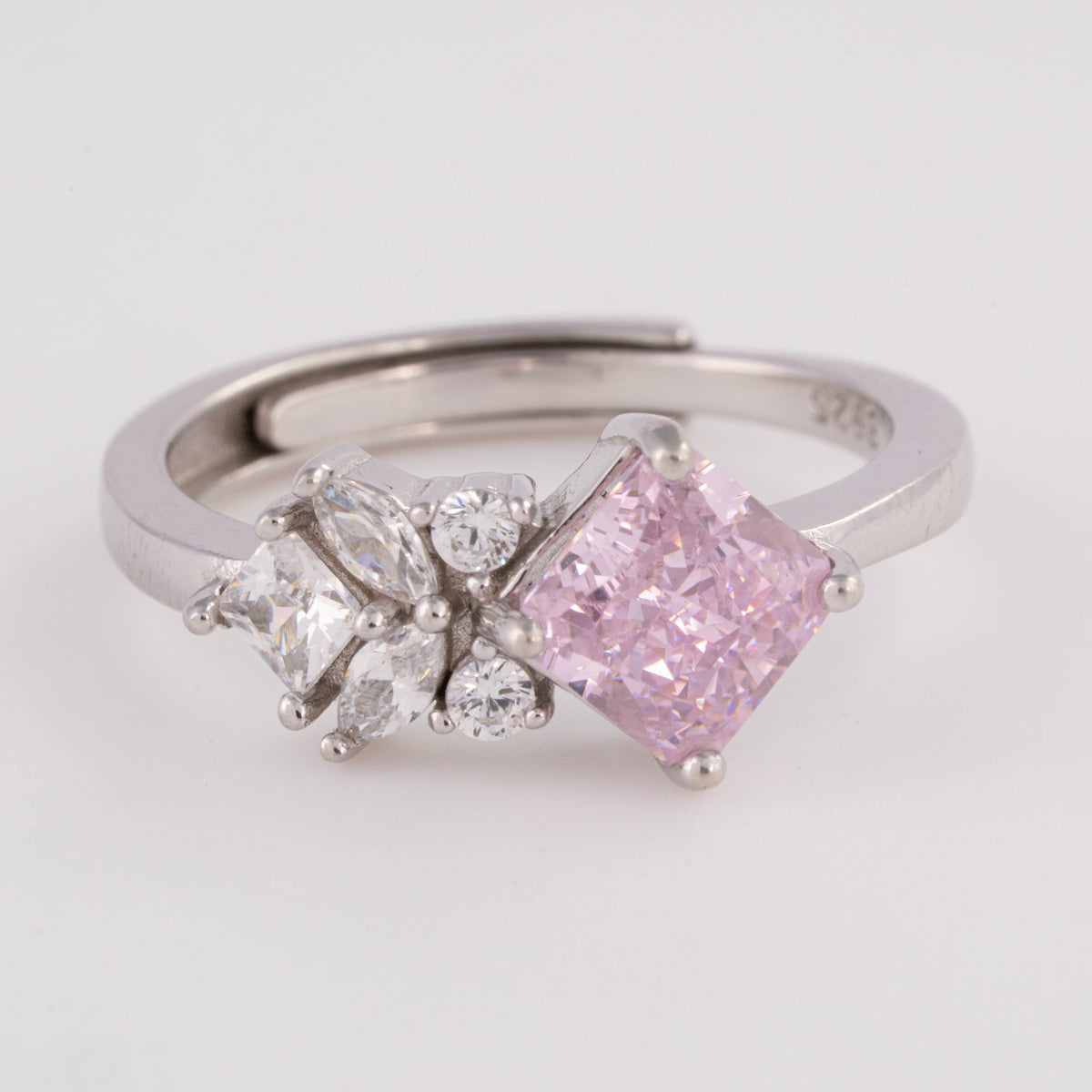 Pink Stone Adjustable Silver Ring for Girls